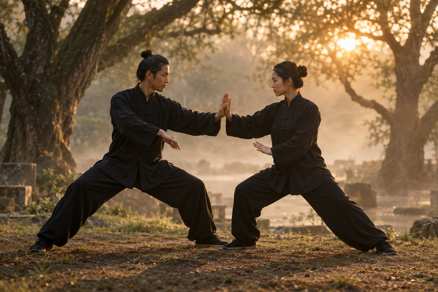 Two practitioners performing the tai chi two-person matching form outdoors